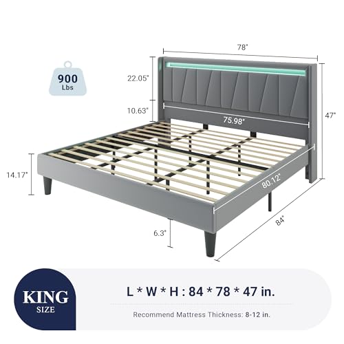 Image of Allewie King Size LED Bed Frame with Charging Station, Velvet Upholstered Platform Bed with Geometric Wingback Headboard, Modern Frame with No Box Spring Needed, Easy Assembly, Grey