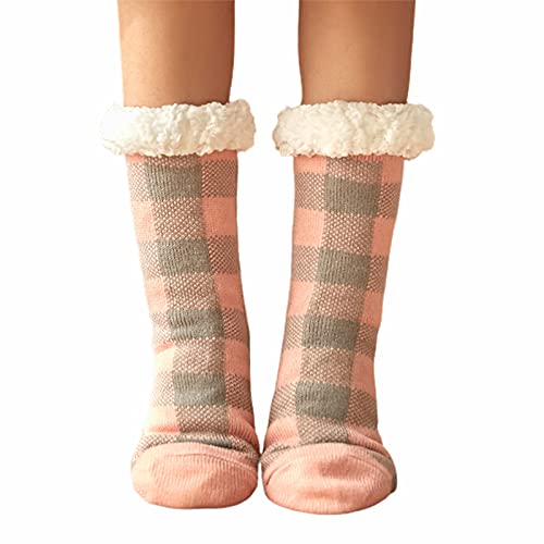 TETHYSUN 2 Paar flauschige Socken, Buffalo Plaid Fleecefutter, gestrickt, dick, warm, Weihnachtssocken, kariert, mit Bündchen, Sherpa-Socken mit rutschfesten Greifern für Damen Cover