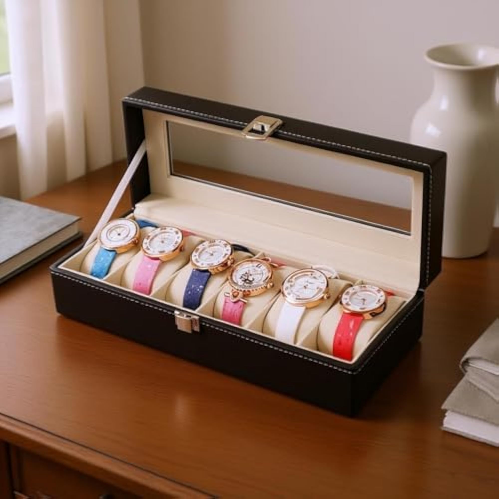 Padded Compartments 6 Slot Watch Box, Clear Window Glass Lid