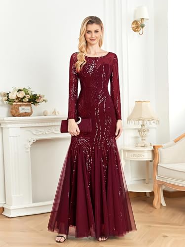 Image of Long Sleeve Sequin Evening Dress Glitter Mermaid Long Gown for Mother of The Bride Or Wedding Guest