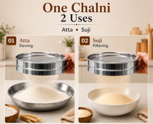 Image of Rakesh Gold Large Stainless Steel Atta & Suji Chalni | Fine Mesh Steel Sieve | Heavy Duty Food Grade Kitchen Channi | Premium Stainless Steel Flour Sieve (Small Size, Atta and Suji CHALNI)
