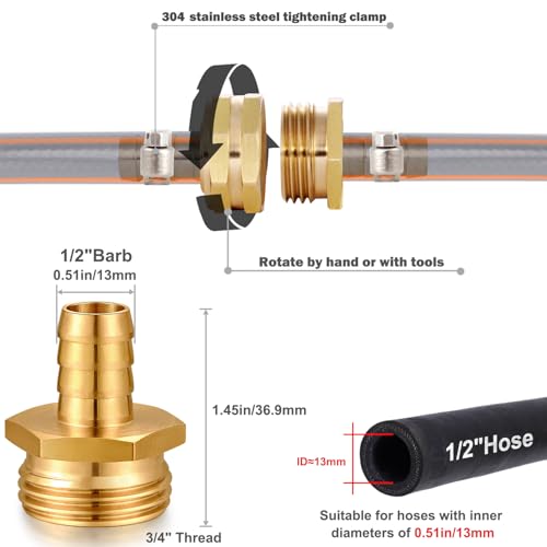 Image of Solid Brass Garden Hose Repair kit Connector with Stainless Steel Clamps, Male Adapter /Female Garden Hose Swivel Fitting (1 /2 inch Barb x 3 /4 inch Male -2 Sets)