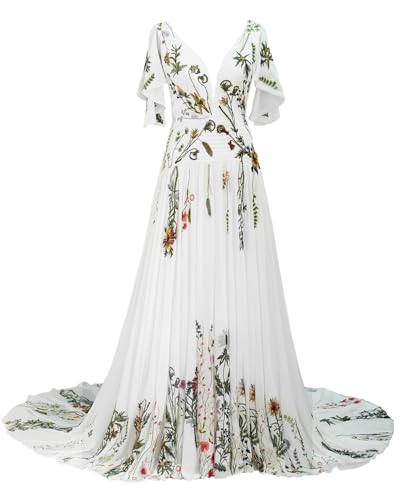 Floral Embroidered Wedding Dresses for Bride Women 2025 Long Chiffon Short Sleeve V Neck A Line Bridal Gown