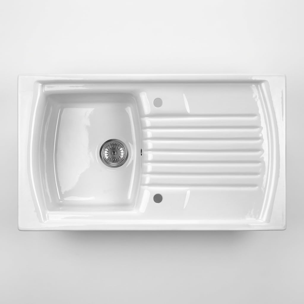 Fregadero de cocina empotrado de cerámica con 1 bañera y escurridor 86 x 50 cm color blanco - Libby