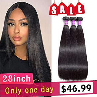 JY DEUSA Hair Brazilian Human Hair Bundles 28 inches 1 Bundles Straight Hair 8A 100% Unprocessed Human Hair Extensions Natural Color (28'')