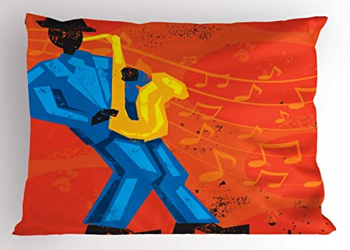 Lunarable Music Pillow Sham Set of 2, Grunge Retro Poster Like Design of a Saxophone Player Man Jazz Themed, Quality Microfiber Bedding Item for All Seasons, 26