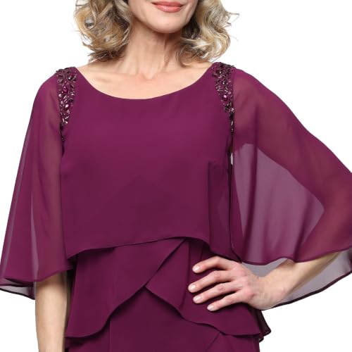 Image of S.L. Fashions Women's Tiered Chiffon Cocktail Party Dress with Attached Cape & Beaded Shoulders (Petite and Regular Sizes)