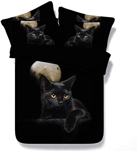 JF-302 Black Bedding Sets Full Queen King Size Moon and cat Printed Duvet Cover Set 3pcs Bed Linen, Not Comforter Set (King)