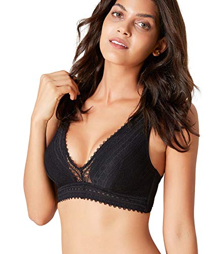 Rolewpy Lace Bralette for Women Removable Padded Plunge Cutout Bra Wirefree Deep V Bralette Top (Black, Large)