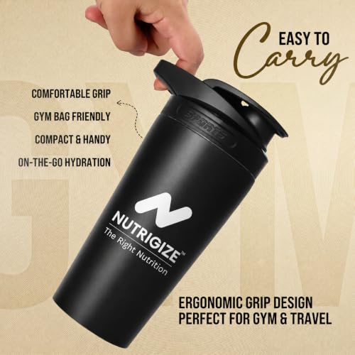 Image of Stainless steel shaker 700ml protein shaker bottle - leak proof 304 SS food grade steel, gym shaker, shaker bottles for protein, steel shaker for gym (Black)