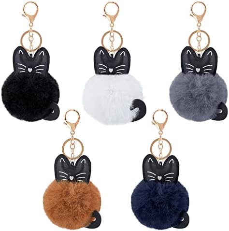 WEBEEDY 5Pcs Pom Pom Keychain Cute Cat Fluffy Keychain Plush Ball Soft Faux Fur Key Ring Bag Charm for Women Girls