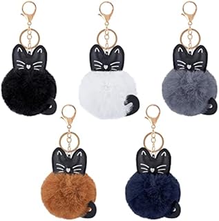 WEBEEDY 5Pcs Pom Pom Keychain Cute Cat Fluffy Keychain Plush Ball Soft Faux Fur Key Ring Bag Charm for Women Girls