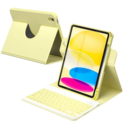Image of YBING for iPad A16 Case with Keyboard & iPad 10th Generation 10.9 inch 2022, 360 Rotation Magnetic Cover with 7-Color Backlit Wireless Detachable Keypad with Pencil Holder (Yellow)