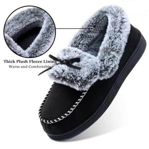 Image of DL Womens Fuzzy Warm Moccasin Slippers Memory Foam, Soft Fluffy Women's Winter House Slipper Closed Back Fur Lined, Cozy Ladies Suede Indoor Bedroom Houseshoes Non-Slip