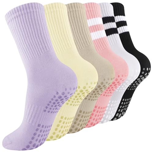 6 Pairs Pilates Socks with Grips for Women Non Slip Yoga Athletic Crew Socks for Barre Ballet Dance Workout Hospital