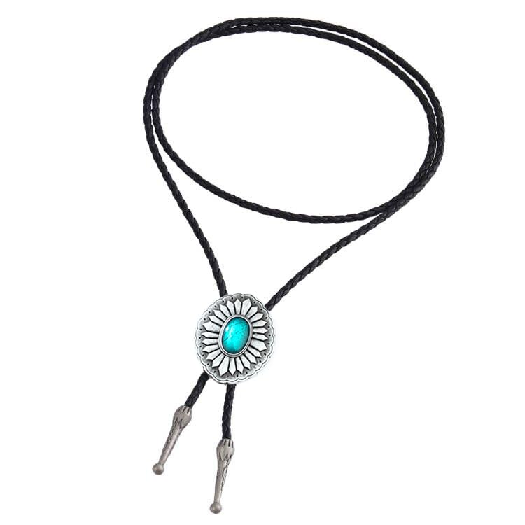Image of AZORA Western Cowboy Bolo Tie Men Leather Necktie Leather Cord Turquoise Stone Bolo Ties for Men Women