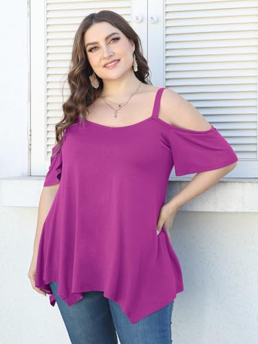 Image of LARACE Cold Shoulder Tops for Womens Summer Clothes Spaghetti Strape Tunic Oversized Shirts Asymmetrical Plus Size Blouse
