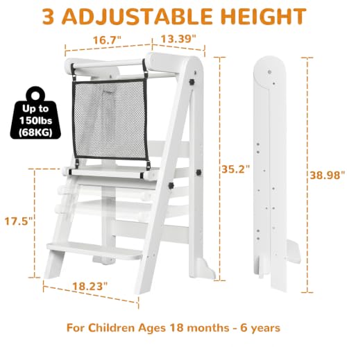 Image of ROOMTEC Foldable Toddler Kitchen Tower, 3 Adjustable Height Wooden Step Stool, Toddler Standing Tower with Safety Net (White)