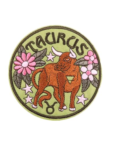 Ysmzzmsy 1 PCS Circular Taurus Badge Emblem Embroidered Iron On Sew On Patches Decorative Emblem DIY Craft Accessories Collection Gifts for Clothing (Taurus)