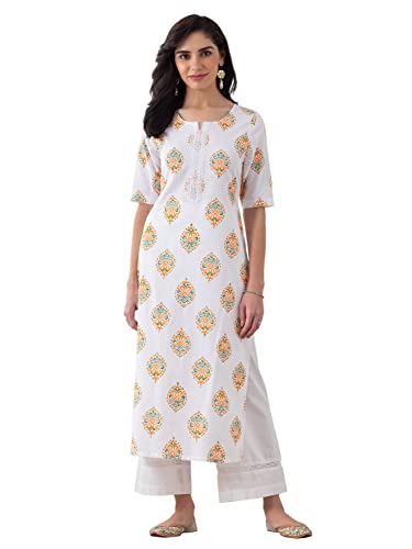 Image of Rhysley White Multi-Colour Motif Printed Cotton Kurta