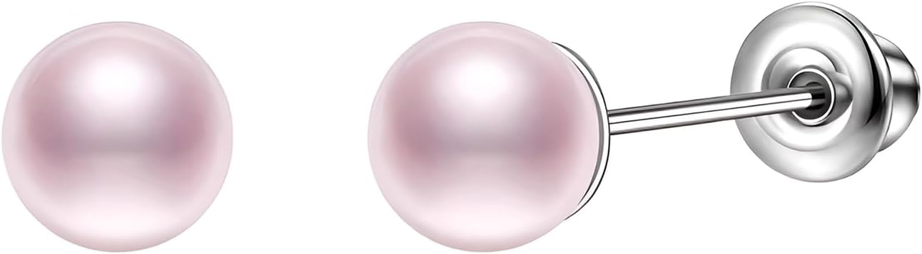 5 MM Pink Pearl Stud Earrings 1 Pair Silver Hypoallergenic Stainless Steel Earring Trendy Jewelry Nickel Free Jewellery Earing for Sensitive Ears Women Ladies Aretes De Perlas Para Mujer