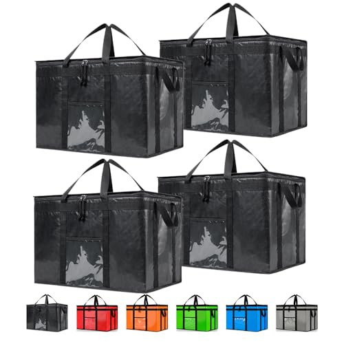 Image of NZ home Insulated Bags for Food Delivery (3XL PRO) Grocery Shopping Cooler Bag, Pizza Delivery, Hot & Cold Catering Tote, Reusable, Foldable & Heavy Duty (4 Pack, Black)