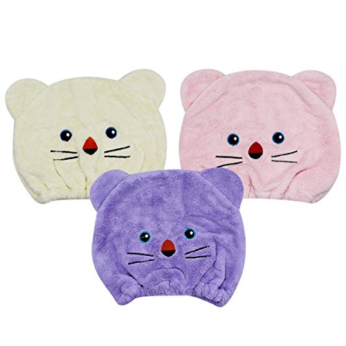 Image of 3 PCS Cute Cartoon Bear Microfiber Hair Drying Cap Coral Fleece Absorbent Hair Drying Towel Bath Shower Head Wrap for Women Kids