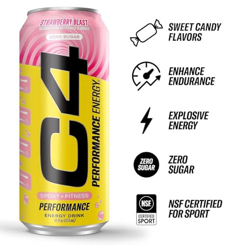 Image of Cellucor C4 Performance Energy Drink | Strawberry Blast | Zero Sugar Carbonated Preworkout Energy | 200mg Caffeine with Beta Alanine | 16 Fl Oz (24 Pack)