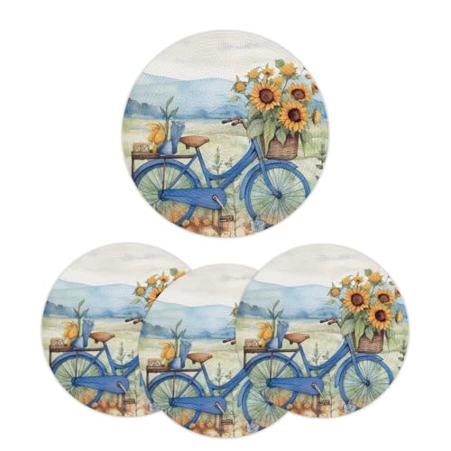 Mintoprints Juego de 4 manteles individuales redondos trenzados con diseño de girasol, para mesa de cocina, comedor, 15 pulgadas