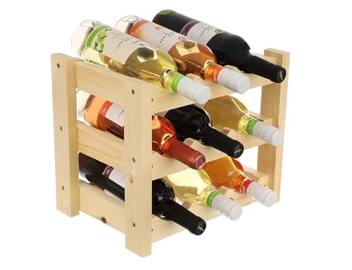 GoodFreshDecor Weinregal Flaschenregal Holz Für 9 Flaschen Holzregal Flaschenhalter Weinflaschenhalter Weinständer Kiefernholz Naturfarbe Stabil 34 x 24 x 29 cm