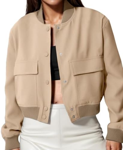 Modegal Women's Spring Varsity Bomber Jackets Long Sleeve Cropped Button Down Casual Coat with Pockets Outwear