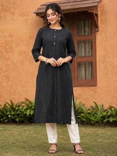 Image of Saanjh Women's Fit Straight Cotton Blend Long Kurta, 3 /4 Sleeve, Knee Length Kurtis, Casual and Office Wear