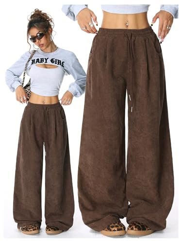 Verdusa Women's Wide Leg Pants Corduroy High Waist Palazzo Pants Comfy Baggy Trousers4