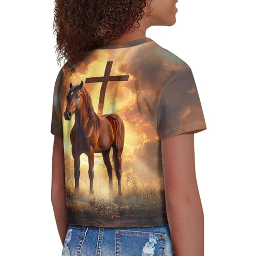 Image of Girls Summer Crop Top Outfits Short Sleeve T Shirts Kids Cute Clothes Tees Blouse