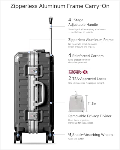 Image of Carry On Luggage with Spinner Wheels, 8010S Aluminum Frame Zipperless Polycarbonate Hard Shell Suitcase (ZX-Core, Charcoal Metallic, 20 Inch)