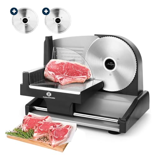 Cortadora de carne profesional Fleau Kitchen - Incluye 2 cuchillas de corte de acero inoxidable - Grosor ajustable - Multifunción - Potente motor - Cortador multiusos - Corte fino