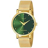 LOUIS DEVIN Montre bracelet analogique pour femme avec chaîne en maille plaqué or, Vert, Montre analogique