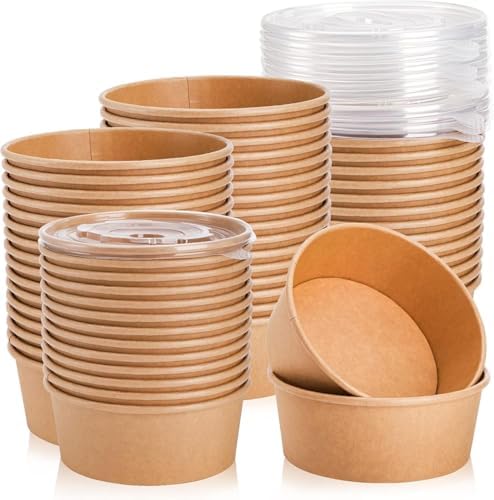 Lyellfe 50 Pack Kraft Paper Bowls with Lid, 25 Oz Disposable Soup Salad Serving Bowls, To Go Food Container for Party Dessert, Ice Cream, Yogurt, Microwave Freezer Safe