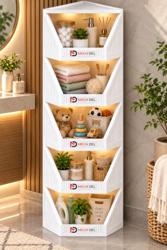 Image of mechdel 5 Tier Corner Storage Cabinet, Foldable & Stackable Plastic Cupboard Organizer for Clothes, Toys, Books & Kitchen, Multipurpose Corner Wardrobe Storage Rack for Bedroom & Home, White