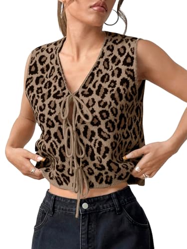 GORGLITTER Y2K Gilet court sans manches pour femme Imprimé léopard Gilet décontracté avec nœud...
