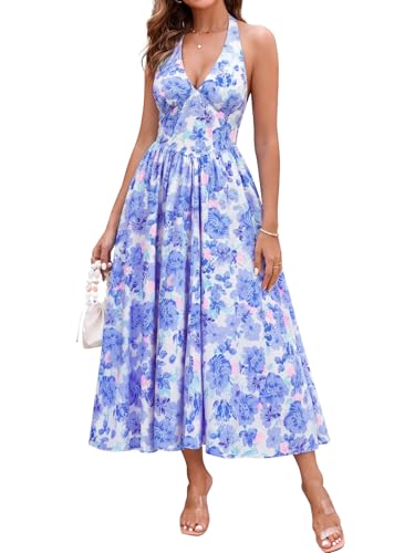 Image of Parthea Women's Gingham Halter V Neck Midi Dress Corset Smocked Sundress Flowy A Line Wedding Guest Dresses