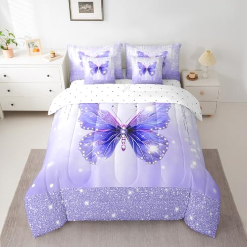 Image of Feelyou Butterfly Comforter Set with Sheets 7 Piece Twin Size Dreamy Princess Bedding Set for Kids Boys Girls Glitter Bed in a Bag Watercolor Butterflies Room Decor Soft Lightweight Microfiber
