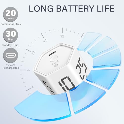 Image of Rotating Pomodoro Timer 5, 25, 10 30,60 Mins Preset Stopwatch, Desk Flip ProductivityTimer, ADHD Tool Hexagon, Vibration /Mute /Alarm, for Work, Study, Back to School, Kitchen, White