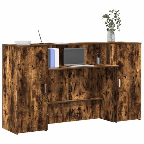 LoogCape Comptoir de réception en chêne fumé - 180 x 50 x 103,5 cm - En bois avec espace de rangement - Table de réception pour bureau à domicile - Support mural pour un montage sûr