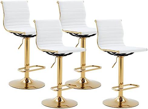 DM Furniture White and Gold Bar Stools Set of 4 Adjustable Counter Height Barstool Swivel Faux Leather Bar Chair with Back for Kitchen Island/Home Pub