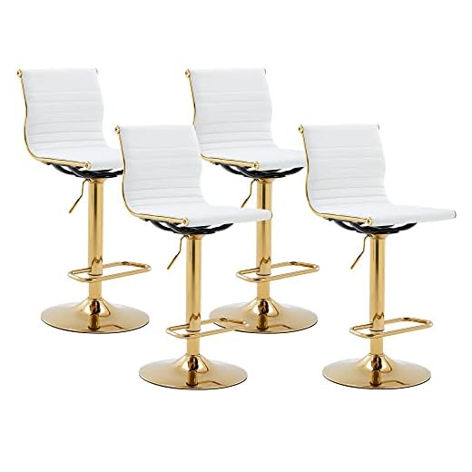 DM Furniture White and Gold Bar Stools Set of 4 Adjustable Counter Height Barstool Swivel Faux Leather Bar Chair with Back for Kitchen Island/Home Pub