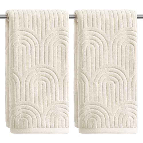 Artoid Mode Serviettes de main beiges à rayures arquées 3D en jacquard pour salle de bain 35 x 75 cm, ensemble de 2 serviettes de bain en coton 100 % doux et...