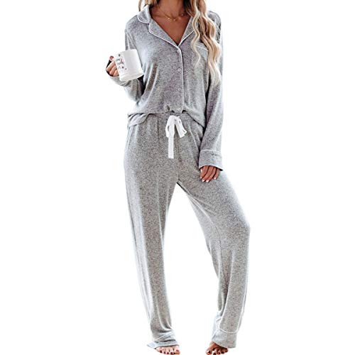 Pajama Set for Women Long Sleeve Loungewear Button Down PJ Set Joggers Nightwear Loungewear Tops and Pants Gray M