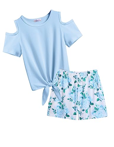 Image of Arshiner Girls Short Sets 2 Pieces Outfits Short Sleeve Tie Knot T-Shirts and Casual Shorts With Pockets Cute Clothes Sets