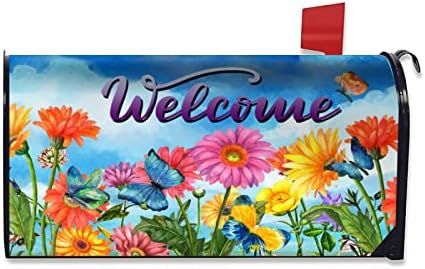 Spring Summer Flowers Mailbox Covers Magnetic - Fluttering Butterflies Spring Magnetic Mailbox Cover Welcome Standard 21" Lx 18" W